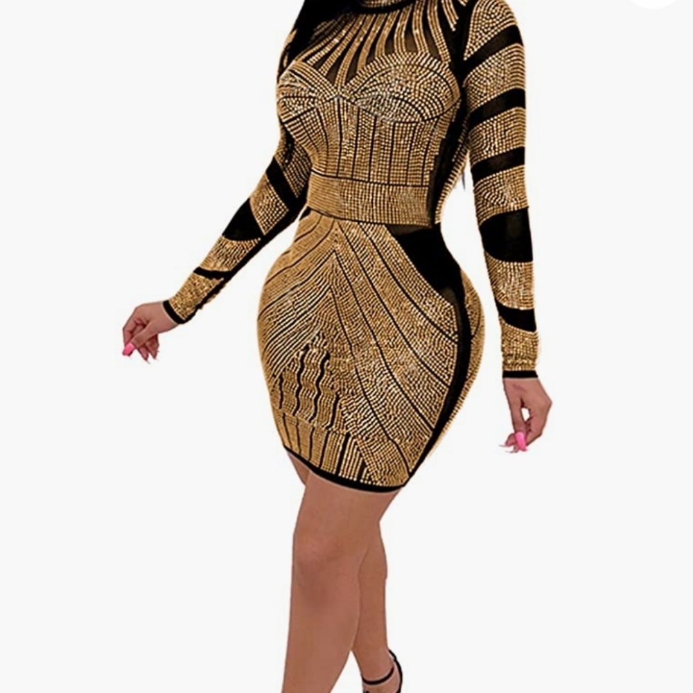 See thru dress with gold rhinestones
